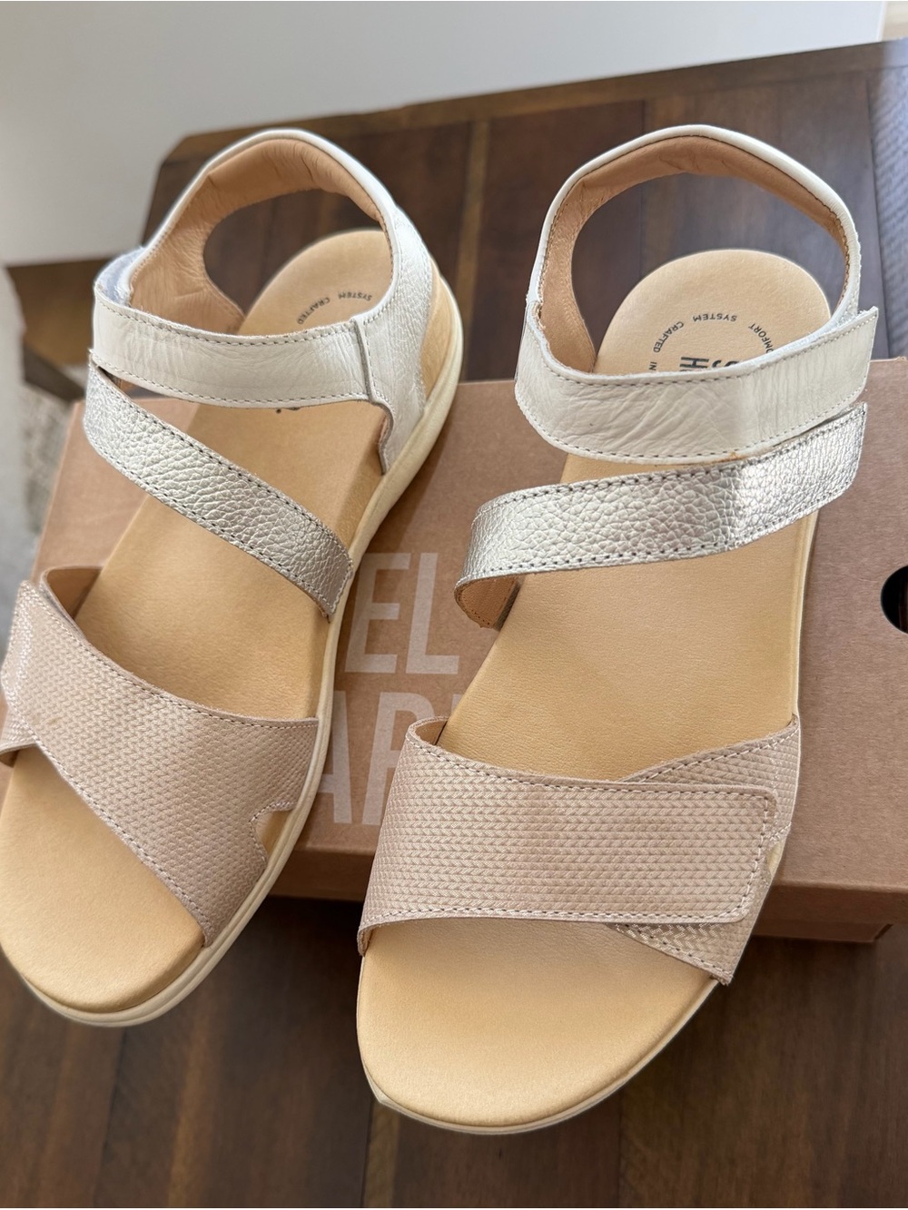 Women's Comfort Sandals in Beige and Metallic Silver